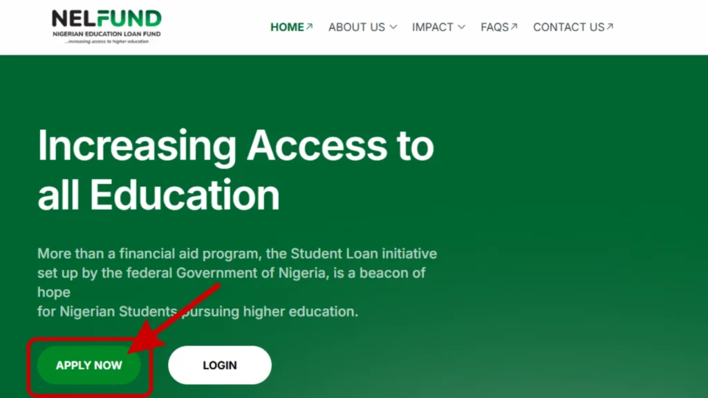 NELFund portal homepage showing the APPLY NOW button