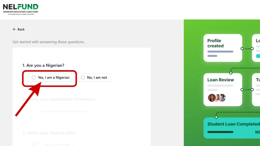 NELFund registration page asking "Are you a Nigerian?"