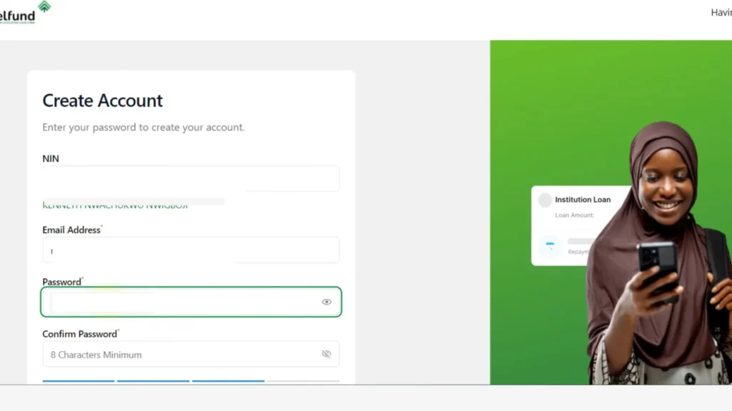 NELFund account creation form with NIN, email, and password fields