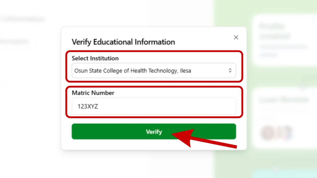 NELFund educational verification page with institution and matric number fields
